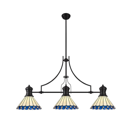 Williams 3 Light Linear Pendant E27 With 30cm Tiffany Shade, Matt Black, Blue, Cream, Crystal