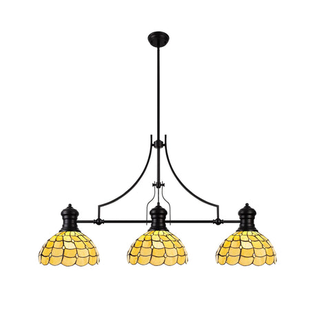 Finney 3 Light Linear Pendant E27 With 30cm Tiffany Shade, Matt Black, Beige, Clear Crystal