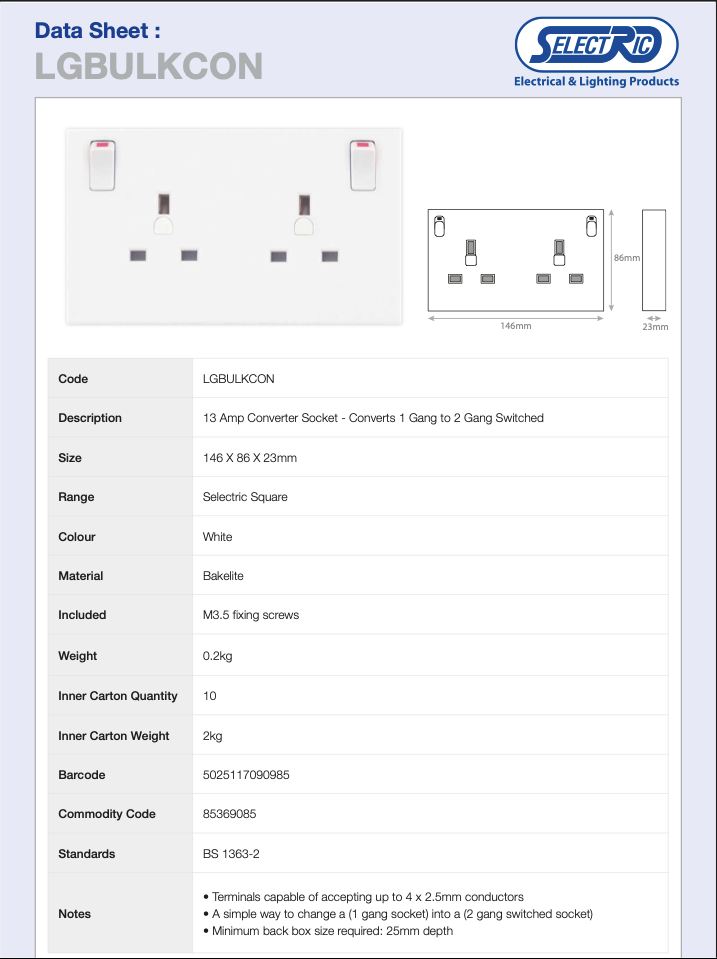 13 Amp Converter Socket – Converts 1 Gang to 2 Gang Switched - LGBULKCON