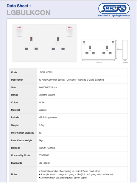 13 Amp Converter Socket – Converts 1 Gang to 2 Gang Switched - LGBULKCON
