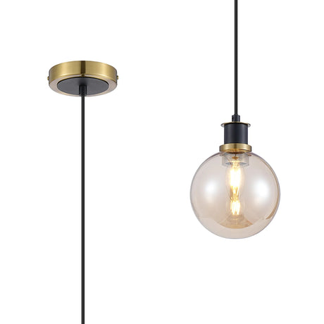 Woods 1.3m Pendant, 1 x E14 With 15cm Round Glass Shade, Brass, Amber Plated & Satin Black