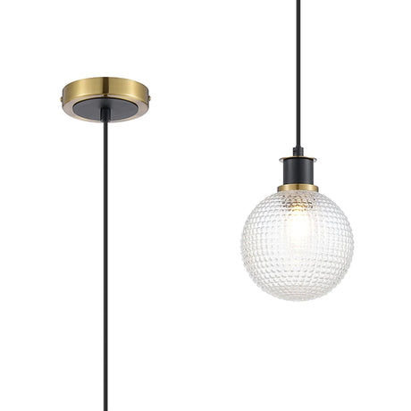 Woods 1.3m Pendant, 1 x E14 With 15cm Round Textured Diamond Pattern Glass Shade, Brass, Clear & Satin Black