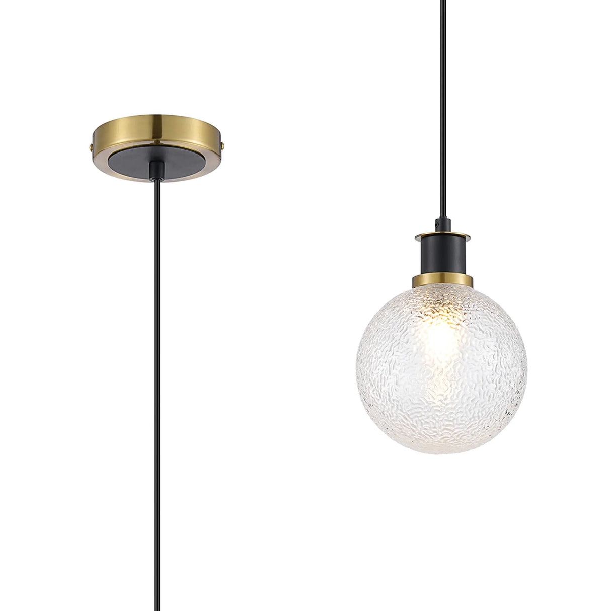 Woods 1.3m Pendant, 1 x E14 With 15cm Round Dimpled Glass Shade, Brass, Clear & Satin Black