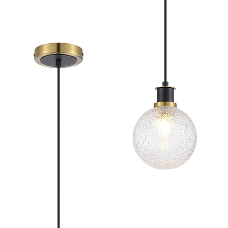 Woods 1.3m Pendant, 1 x E14 With 15cm Round Dimpled Glass Shade, Brass, Clear & Satin Black