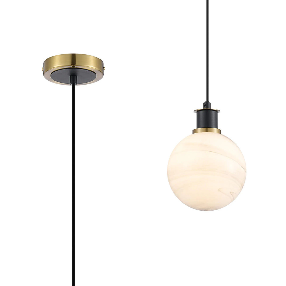 Woods 1.3m Pendant, 1 x E14 With 15cm Round Marble Effect Glass Shade, Brass, White & Satin Black
