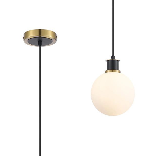 Woods 1.3m Pendant, 1 x E14 With 15cm Round Glass Shade, Brass, Opal & Satin Black