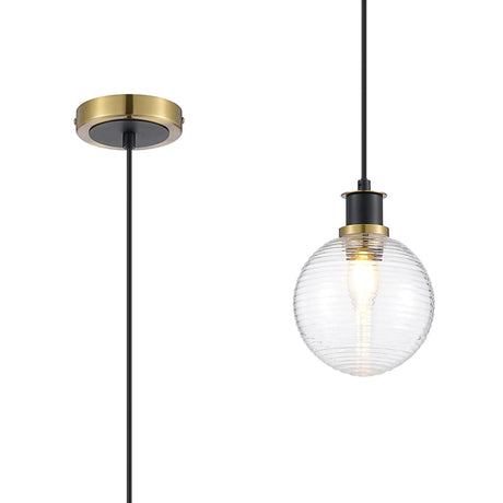Woods 1.3m Pendant, 1 x E14 With 15cm Round Ribbed Glass Shade, Brass, Clear & Satin Black