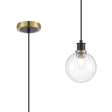 Woods 1.3m Pendant, 1 x E14 With 15cm Round Segment Glass Shade, Brass, Clear & Satin Black