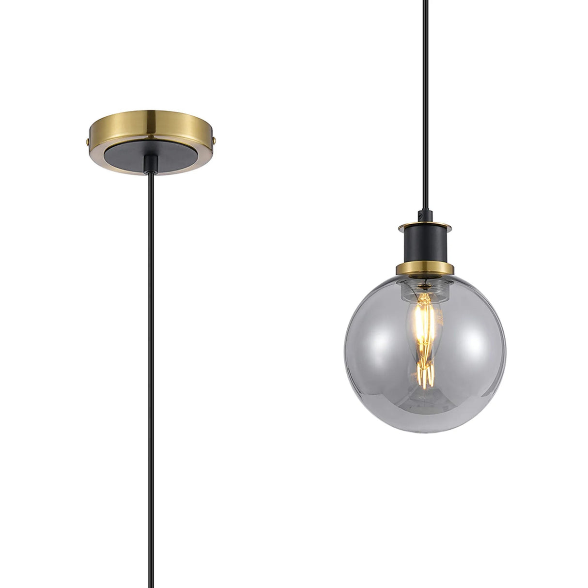Woods 1.3m Pendant, 1 x E14 With 15cm Round Glass Shade, Brass, Smoke Plated & Satin Black