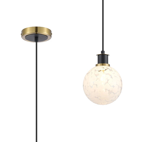 Woods 1.3m Pendant, 1 x E14 With 15cm Round Speckled Glass Shade, Brass, White & Satin Black