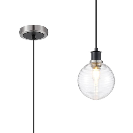 Woods 1.3m Pendant, 1 x E14 With 15cm Round Ribbed Glass Shade, Satin Nickel, Clear & Satin Black