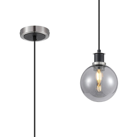 Woods 1.3m Pendant, 1 x E14 With 15cm Round Glass Shade, Satin Nickel, Smoke Plated & Satin Black