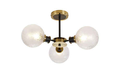 Woods Semi Ceiling, 3 x E14 With 15cm Round Dimpled Glass Shade, Brass, Clear & Satin Black