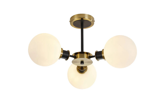 Woods Semi Ceiling, 3 x E14 With 15cm Round Glass Shade, Brass, Opal & Satin Black