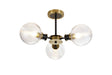 Woods Semi Ceiling, 3 x E14 With 15cm Round Ribbed Glass Shade, Brass, Clear & Satin Black