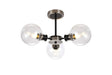 Woods Semi Ceiling, 3 x E14 With 15cm Round Glass Shade, Satin Nickel, Clear & Satin Black
