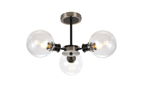 Woods Semi Ceiling, 3 x E14 With 15cm Round Glass Shade, Satin Nickel, Clear & Satin Black