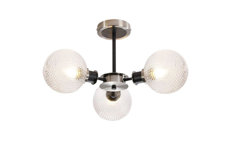 Woods Semi Ceiling, 3 x E14 With 15cm Round Textured Diamond Pattern Glass Shade, Satin Nickel, Clear & Satin Black