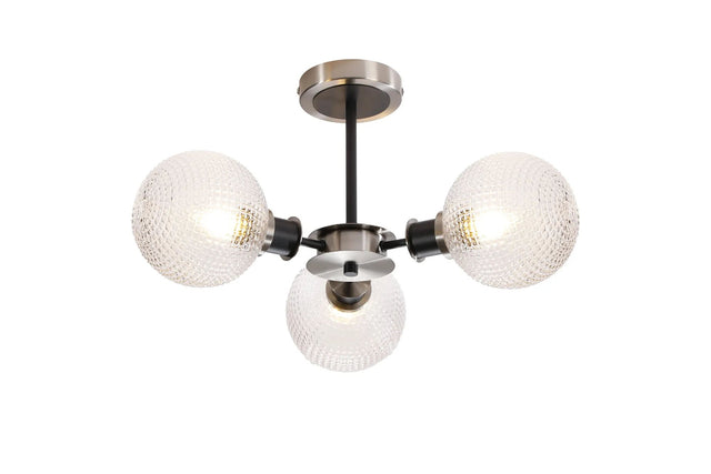 Woods Semi Ceiling, 3 x E14 With 15cm Round Textured Diamond Pattern Glass Shade, Satin Nickel, Clear & Satin Black