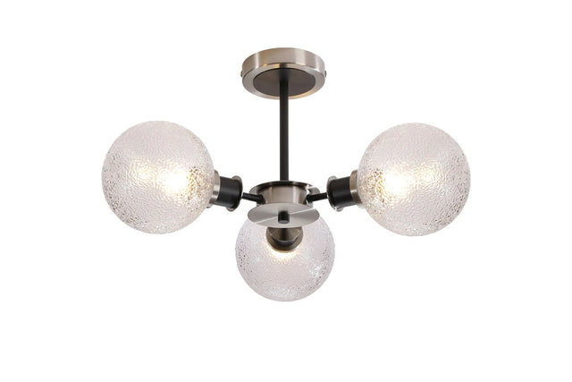 Woods Semi Ceiling, 3 x E14 With 15cm Round Dimpled Glass Shade, Satin Nickel, Clear & Satin Black