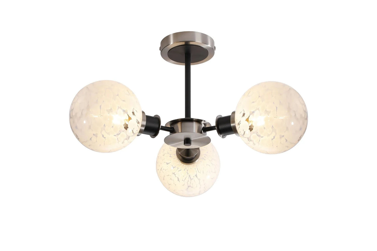 Woods Semi Ceiling, 3 x E14 With 15cm Round Speckled Glass Shade, Satin Nickel, White & Satin Black