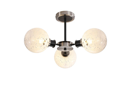 Woods Semi Ceiling, 3 x E14 With 15cm Round Speckled Glass Shade, Satin Nickel, White & Satin Black