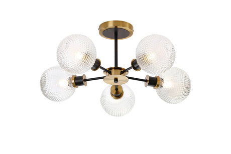 Woods Semi Ceiling, 5 x E14 With 15cm Round Textured Diamond Pattern Glass Shade, Brass, Clear & Satin Black