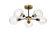 Woods Semi Ceiling, 5 x E14 With 15cm Round Textured Melting Glass Shade, Brass, Clear & Satin Black