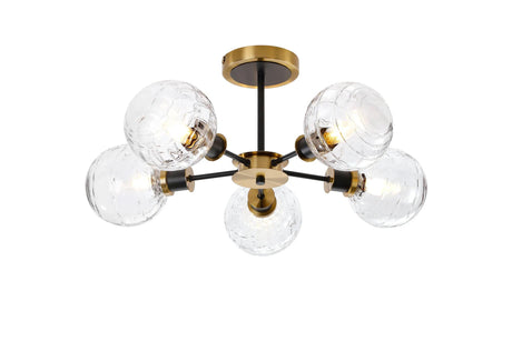 Woods Semi Ceiling, 5 x E14 With 15cm Round Textured Melting Glass Shade, Brass, Clear & Satin Black