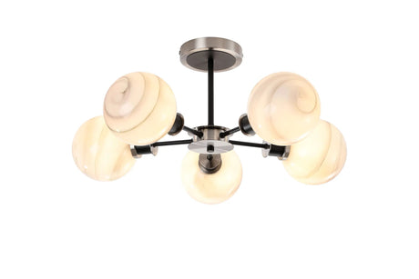 Woods Semi Ceiling, 5 x E14 With 15cm Round Marble Effect Glass Shade, Satin Nickel, White & Satin Black
