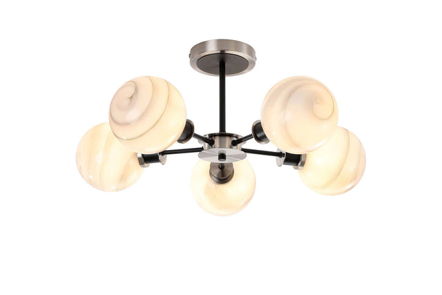 Woods Semi Ceiling, 5 x E14 With 15cm Round Marble Effect Glass Shade, Satin Nickel, White & Satin Black