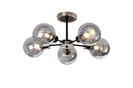 Woods Semi Ceiling, 5 x E14 With 15cm Round Segment Glass Shade, Satin Nickel, Smoke Plated & Satin Black