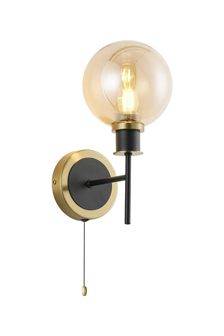 Woods Switched Wall Light, 1 x E14 With 15cm Round Glass Shade, Brass, Amber Plated & Satin Black