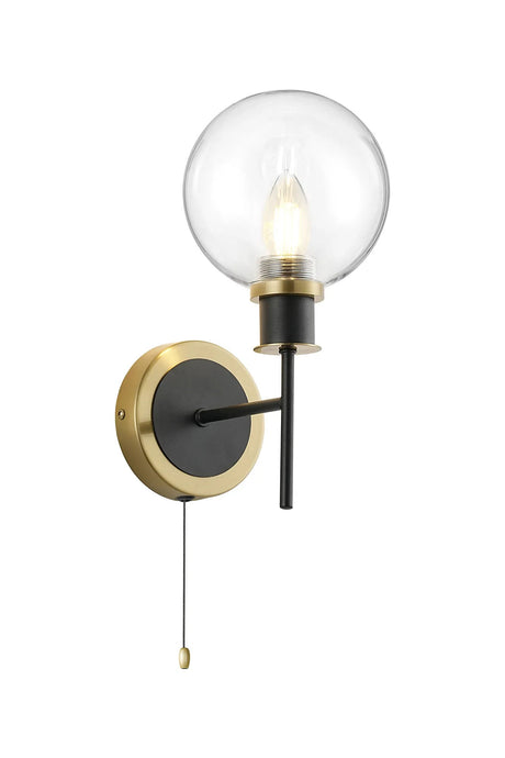 Woods Switched Wall Light, 1 x E14 With 15cm Round Glass Shade, Brass, Clear & Satin Black