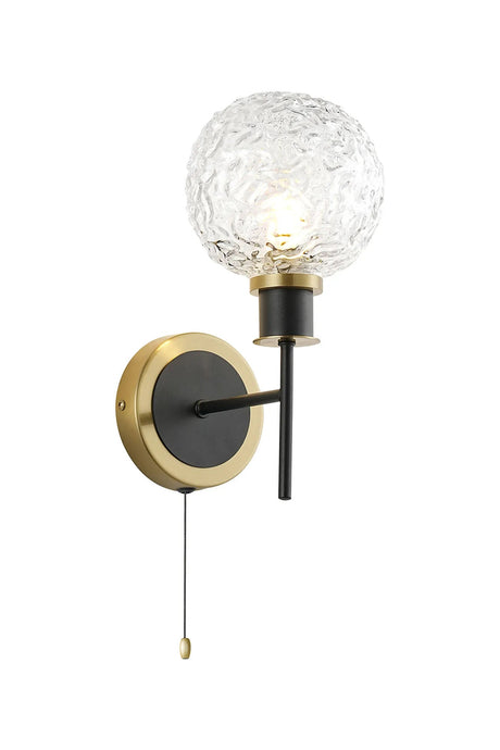 Woods Switched Wall Light, 1 x E14 With 15cm Round Textured Crumple Glass Shade, Brass, Clear & Satin Black
