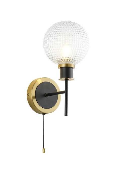 Woods Switched Wall Light, 1 x E14 With 15cm Round Textured Diamond Pattern Glass Shade, Brass, Clear & Satin Black