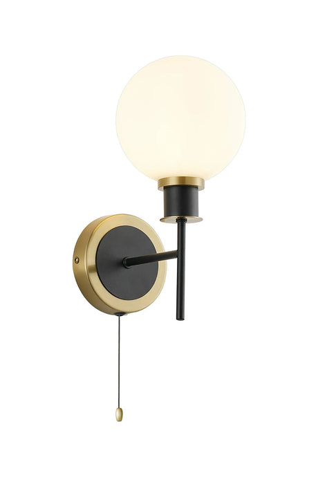 Woods Switched Wall Light, 1 x E14 With 15cm Round Glass Shade, Brass, Opal & Satin Black