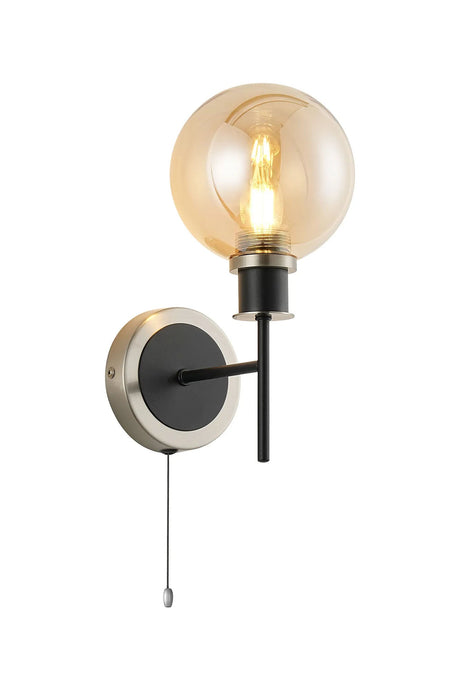 Woods Switched Wall Light, 1 x E14 With 15cm Round Glass Shade, Satin Nickel, Amber Plated & Satin Black