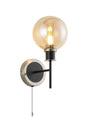 Woods Switched Wall Light, 1 x E14 With 15cm Round Glass Shade, Satin Nickel, Amber Plated & Satin Black