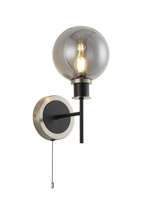 Woods Switched Wall Light, 1 x E14 With 15cm Round Glass Shade, Satin Nickel, Smoke Plated & Satin Black