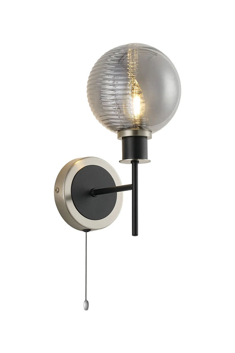 Woods Switched Wall Light, 1 Light E14 IP44 With 15cm Round Double Textured Smooth/Ribbed Shade, Satin Nickel, Smoke Plated/Satin Black