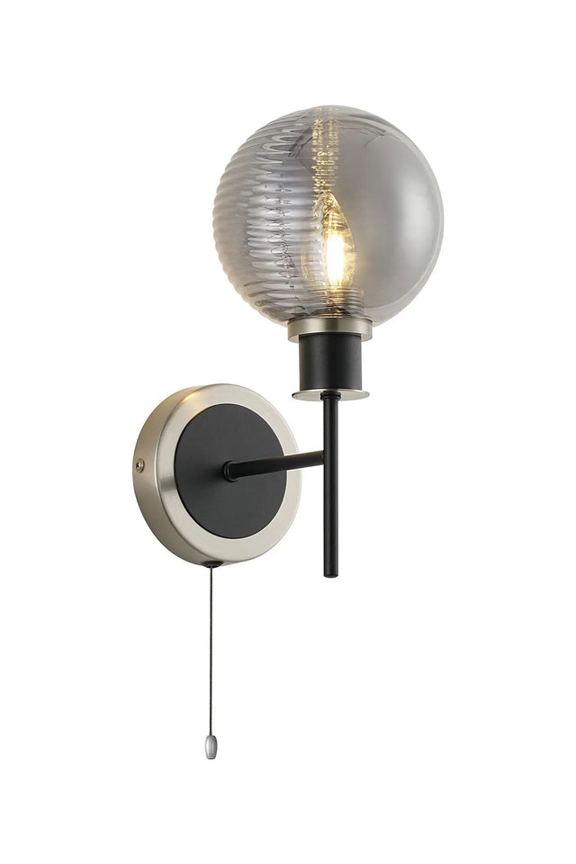 Woods Switched Wall Light, 1 Light E14 IP44 With 15cm Round Double Textured Smooth/Ribbed Shade, Satin Nickel, Smoke Plated/Satin Black