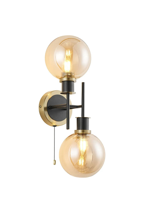 Woods Switched Wall Light, 2 x E14 With 15cm Round Glass Shade, Brass, Amber Plated & Satin Black