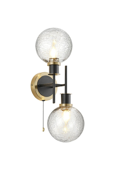 Woods Switched Wall Light, 2 x E14 With 15cm Round Crackled Glass Shade, Brass, Clear & Satin Black