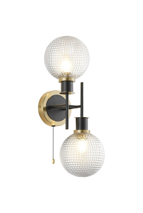 Woods Switched Wall Light, 2 x E14 With 15cm Round Textured Diamond Pattern Glass Shade, Brass, Clear & Satin Black