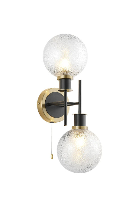 Woods Switched Wall Light, 2 x E14 With 15cm Round Dimpled Glass Shade, Brass, Clear & Satin Black