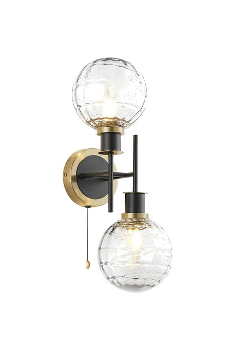 Woods Switched Wall Light, 2 x E14 With 15cm Round Textured Melting Glass Shade, Brass, Clear & Satin Black