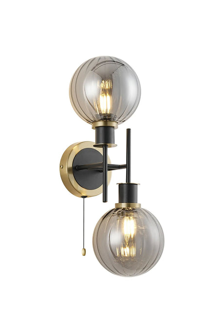 Woods Switched Wall Light, 2 x E14 With 15cm Round Segment Glass Shade, Brass, Smoke Plated & Satin Black