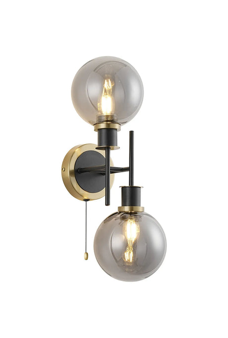 Woods Switched Wall Light, 2 x E14 With 15cm Round Glass Shade, Brass, Smoke Plated & Satin Black