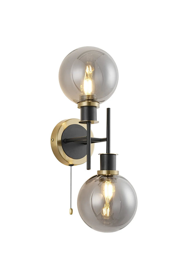 Woods Switched Wall Light, 2 x E14 With 15cm Round Glass Shade, Brass, Smoke Plated & Satin Black